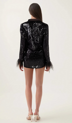 Ariane black feather-trim sequin-embellished blazer Flowering Girl