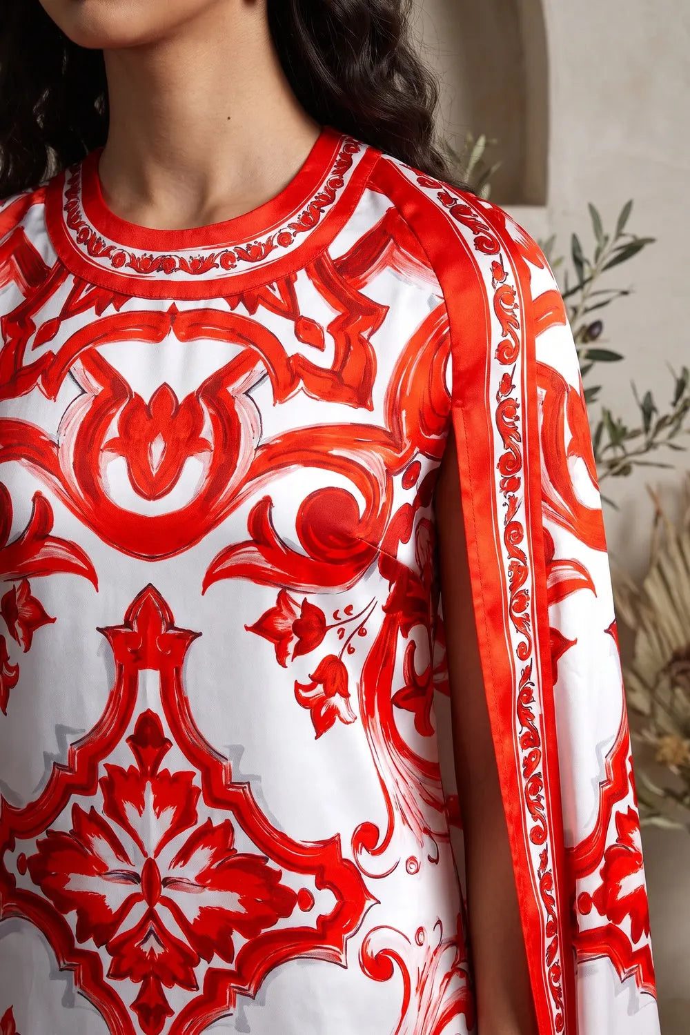 White Majolica Tile Print Cape Dress Flowering Girl