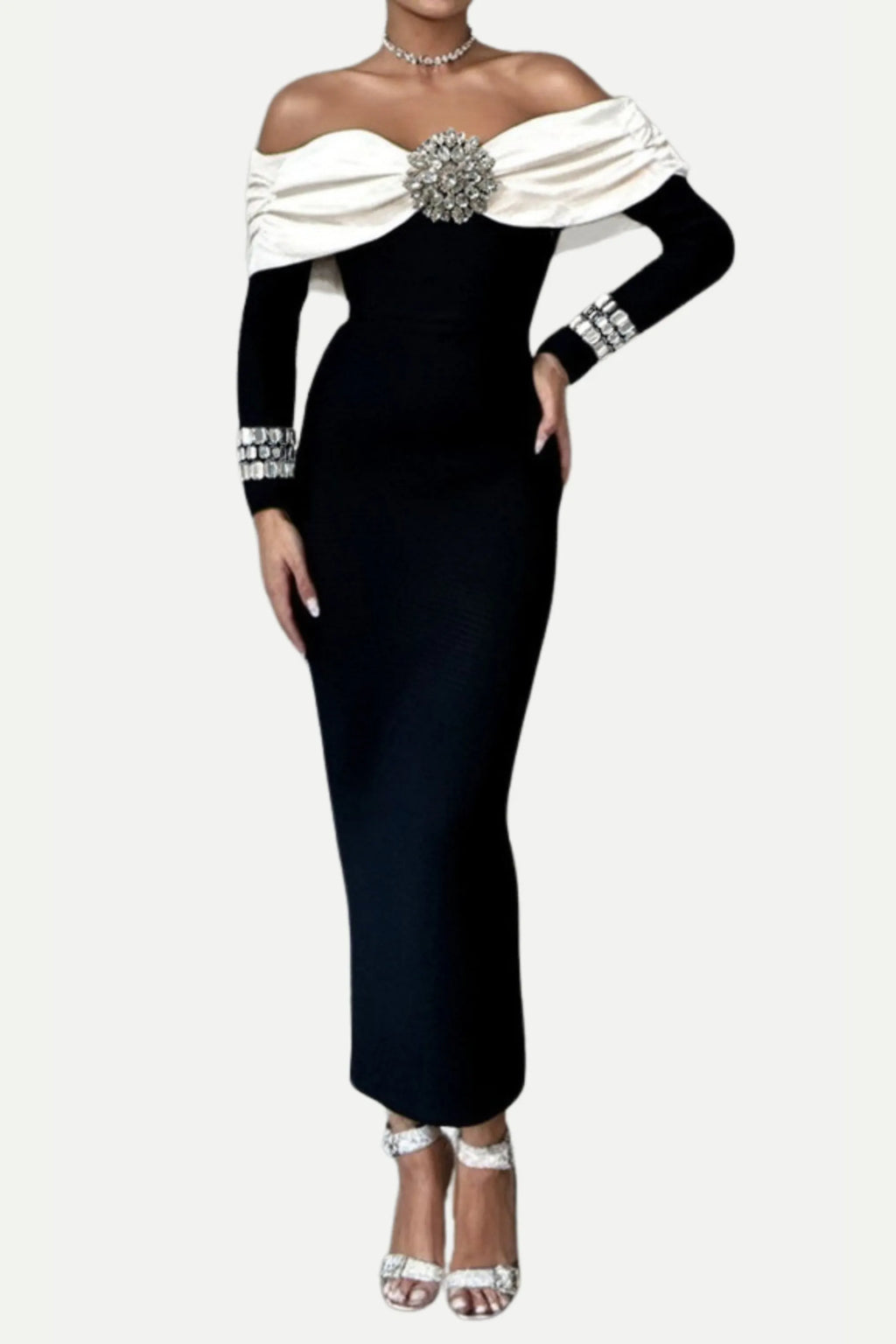 Off Neck Backless Diamond Bandage Black Maxi Dress Flowering Girl