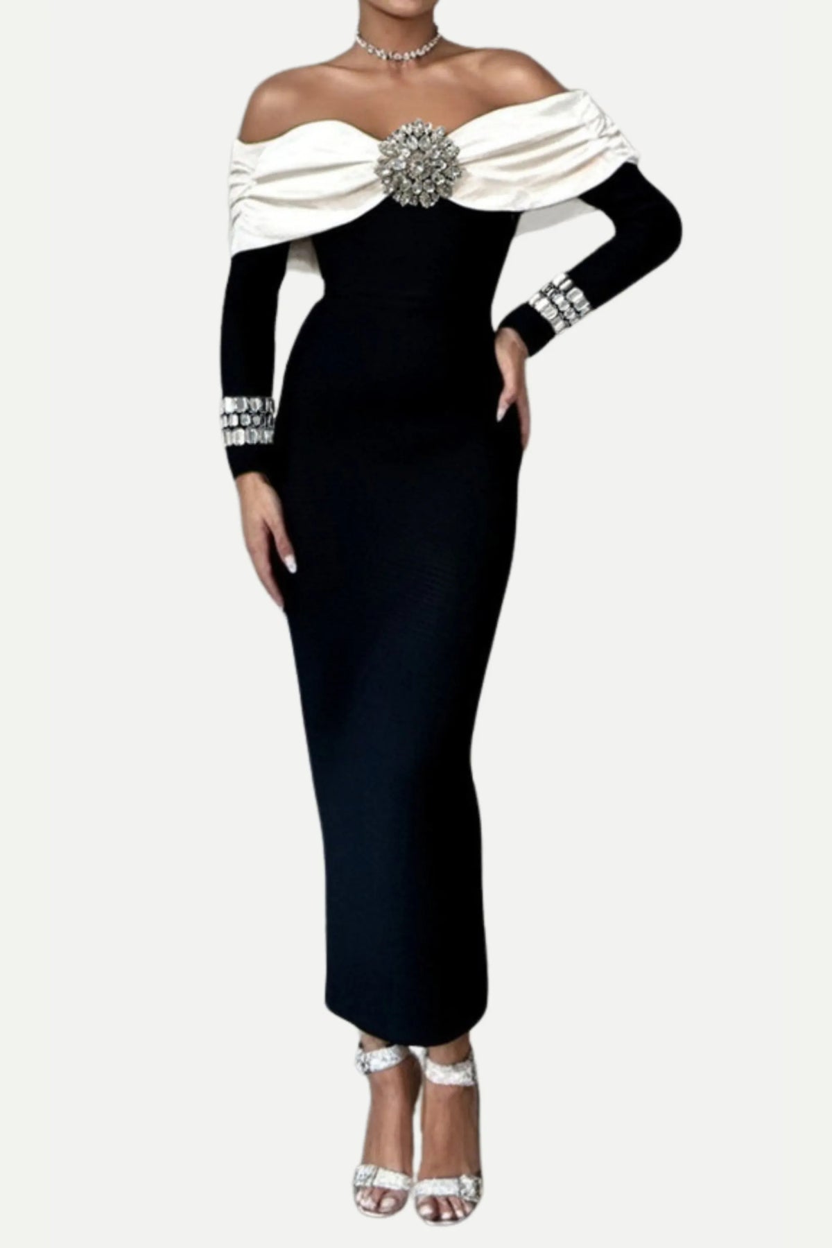 Off Neck Backless Diamond Bandage Black Maxi Dress Flowering Girl