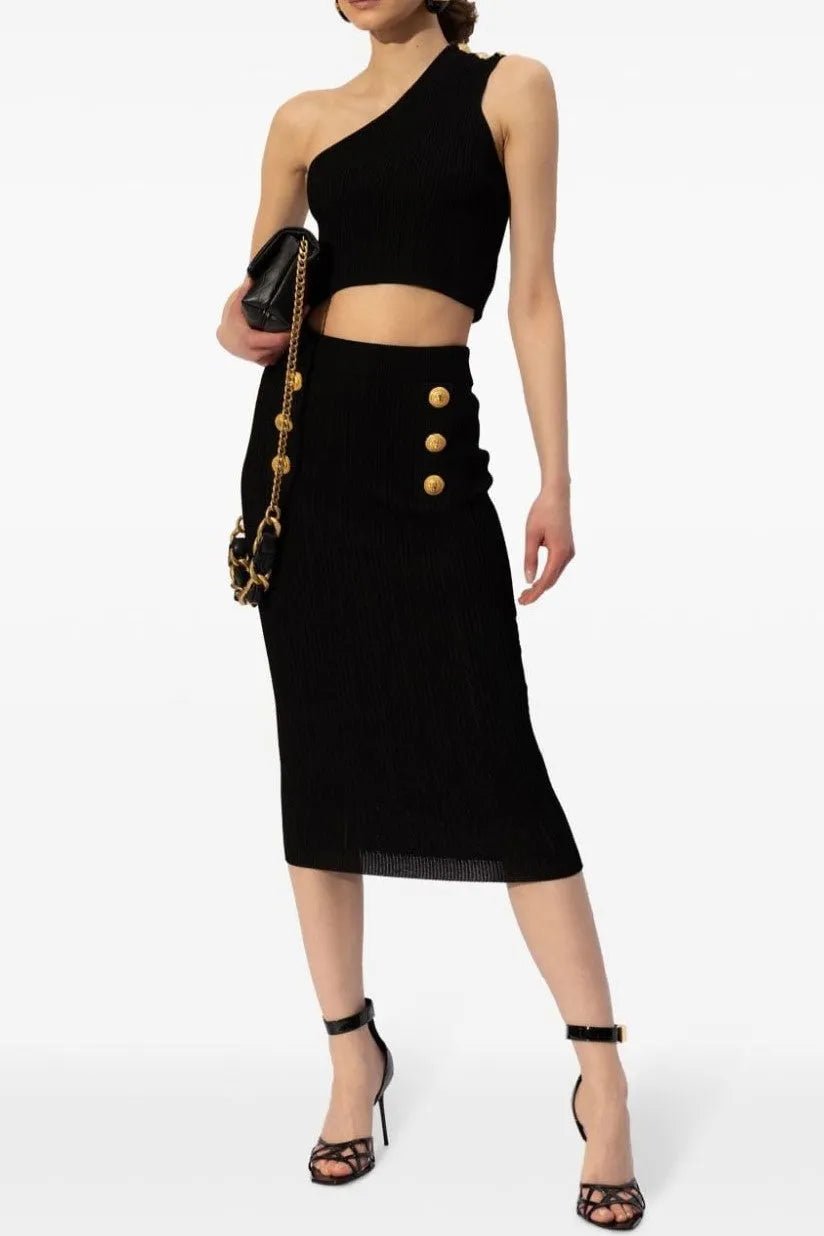 Lynn One Shoulder Knit Set - Black Flowering Girl