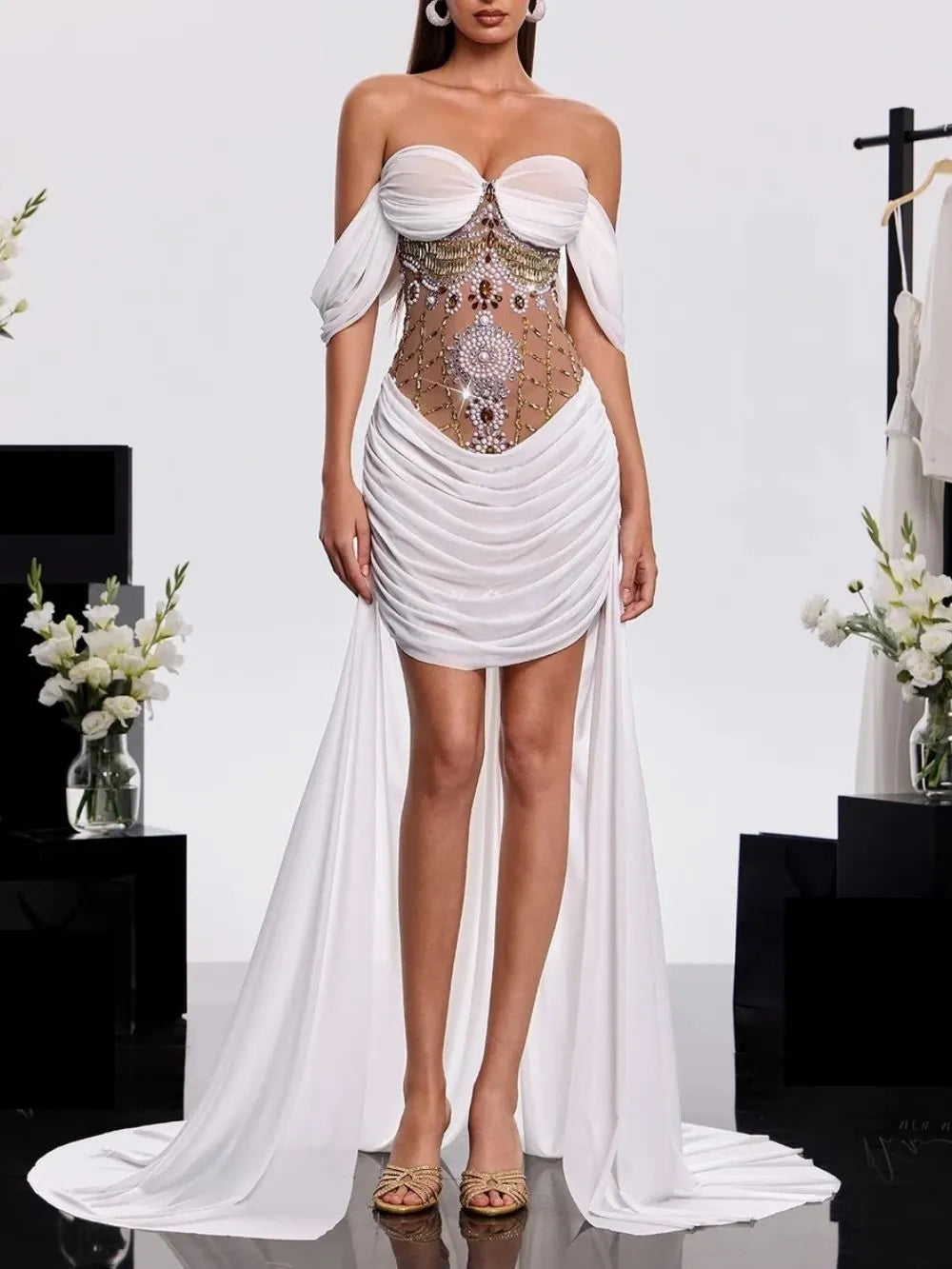 Brundel Off Shoulder Draped High Low Dress Flowering Girl
