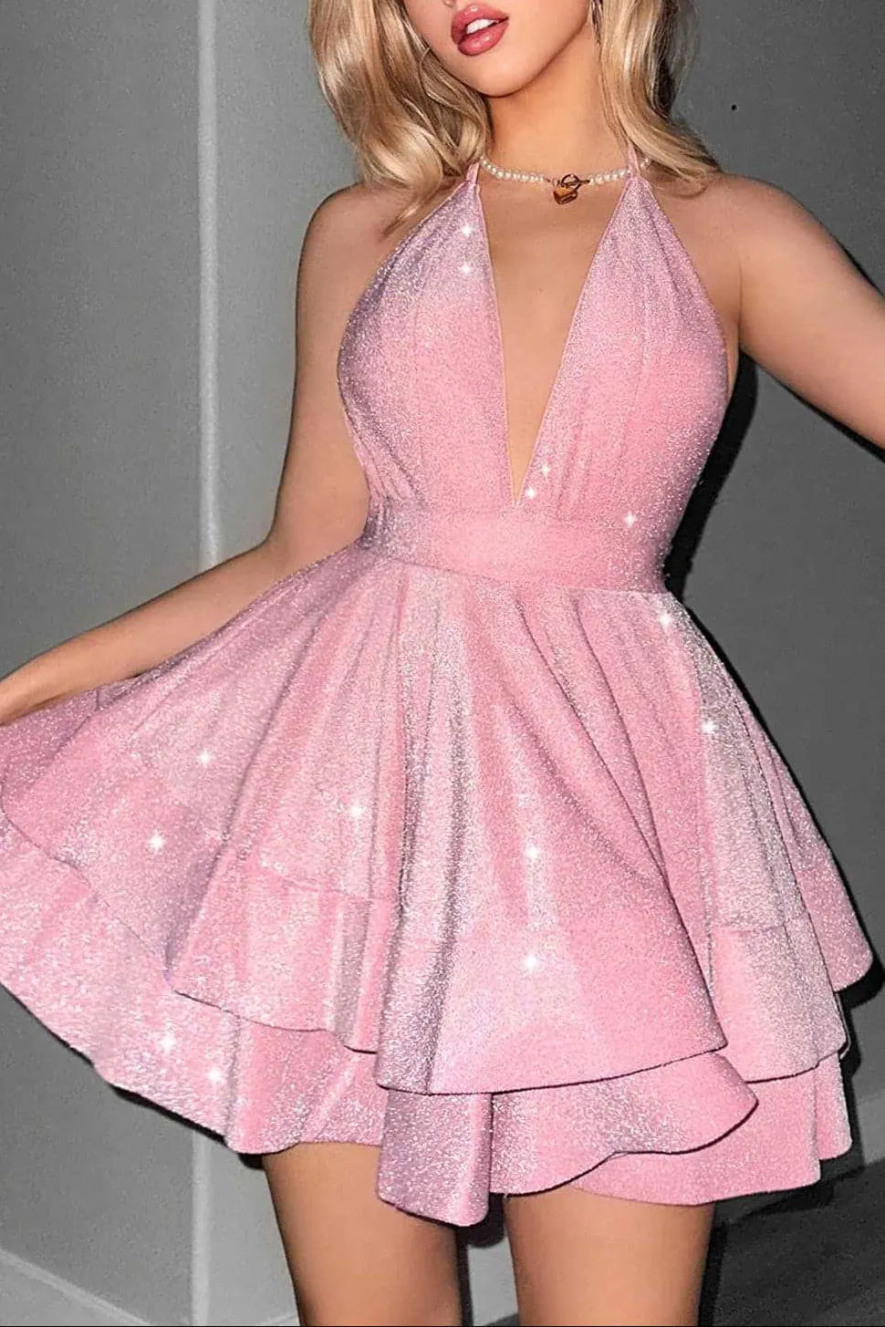 Virginia A Line Halter Tiered Mini Dress In Pink Flowering Girl