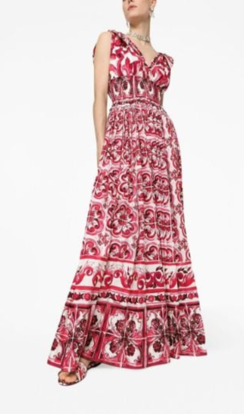RED MAJOLICA PRINT FLARED MAXI DRESS Flowering Girl