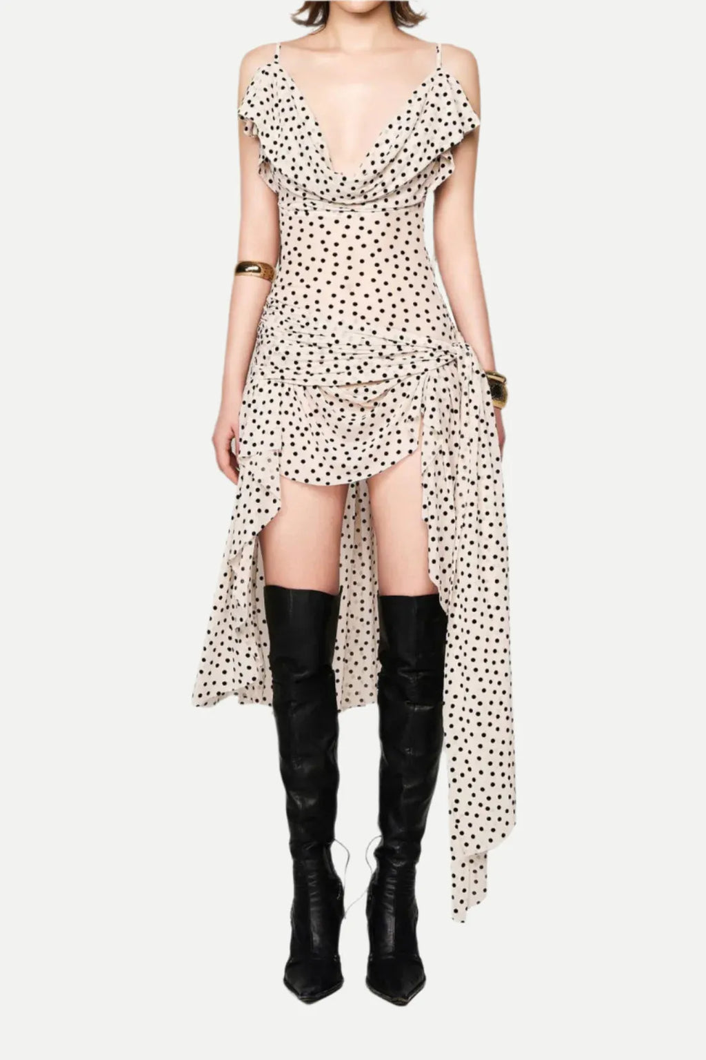 Polka Dot Sleeveless Irregular Hem Midi Dress In Apricot Flowering Girl