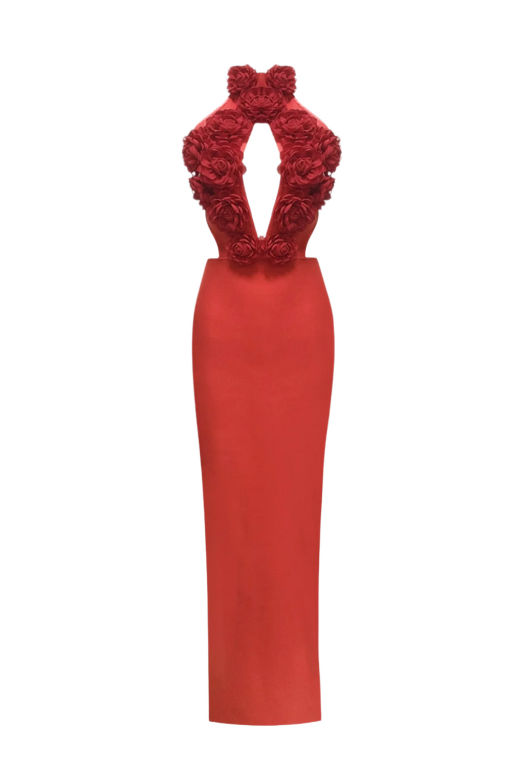 Datherine Floral Appliqué Halter Maxi Bandage Dress - Red Flowering Girl