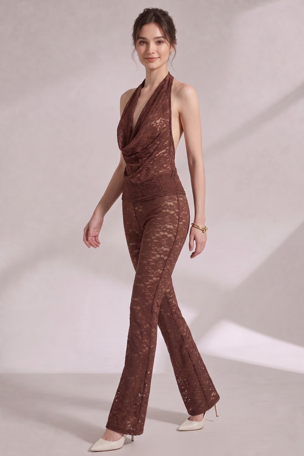 Chocolate Brown Lace Fitted Halter Top With Cowl Neck; Slim-Fit Pants Flaring From The Knee Two-Piece Set (halter top and matching pants) Flowering Girl