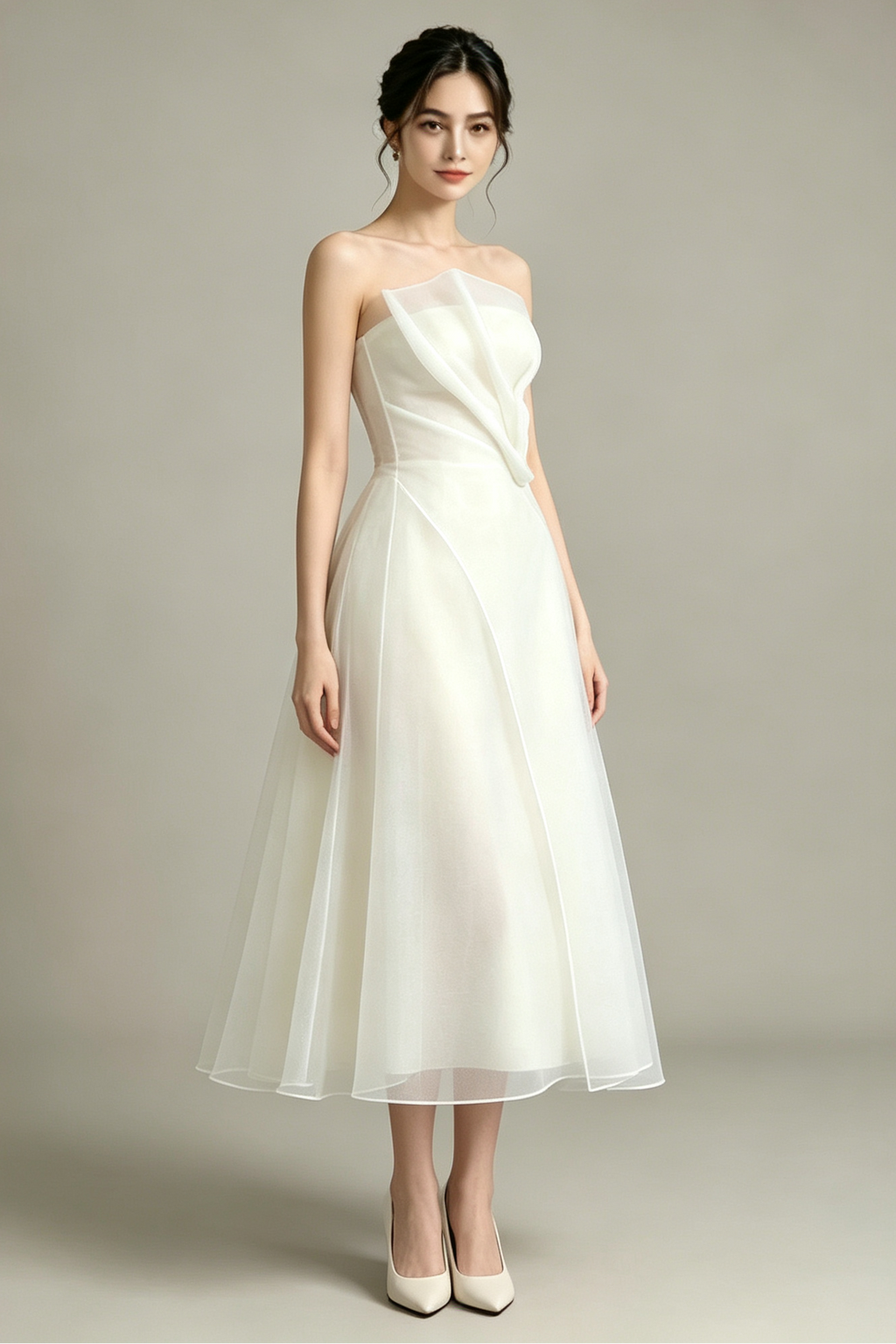 Strapless Layered Organza Midi Dress in white Flowering Girl