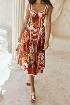 Pandora Spaghetti Strap Lace Linen Patchwork Midi Dress Flowering Girl