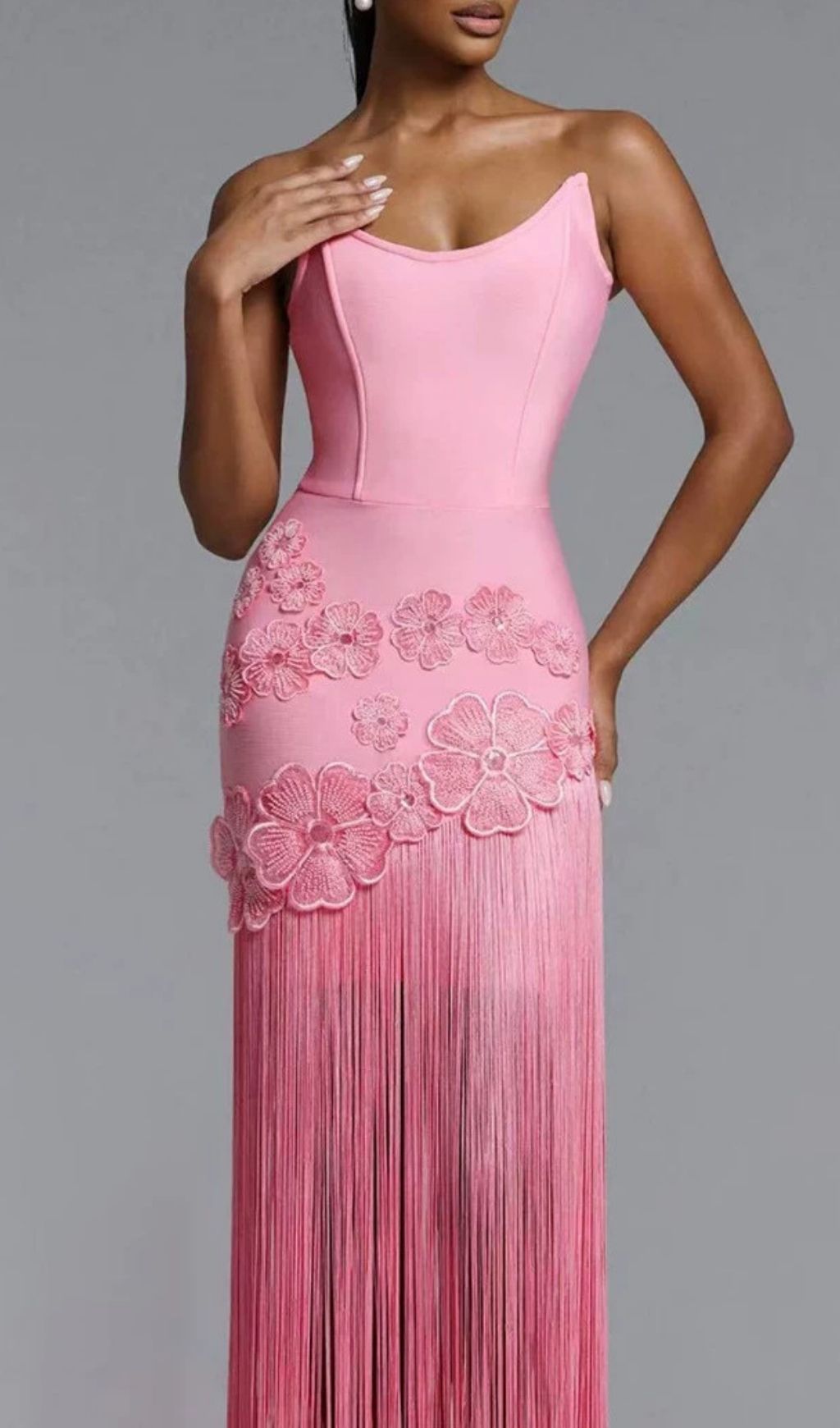 Koa Pink Strapless Flower Tassel Bandage Maxi Dress Flowering Girl