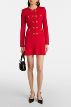 Betty Patch-Pocket Round-Neck Knitted Mini Dress In Red Flowering Girl