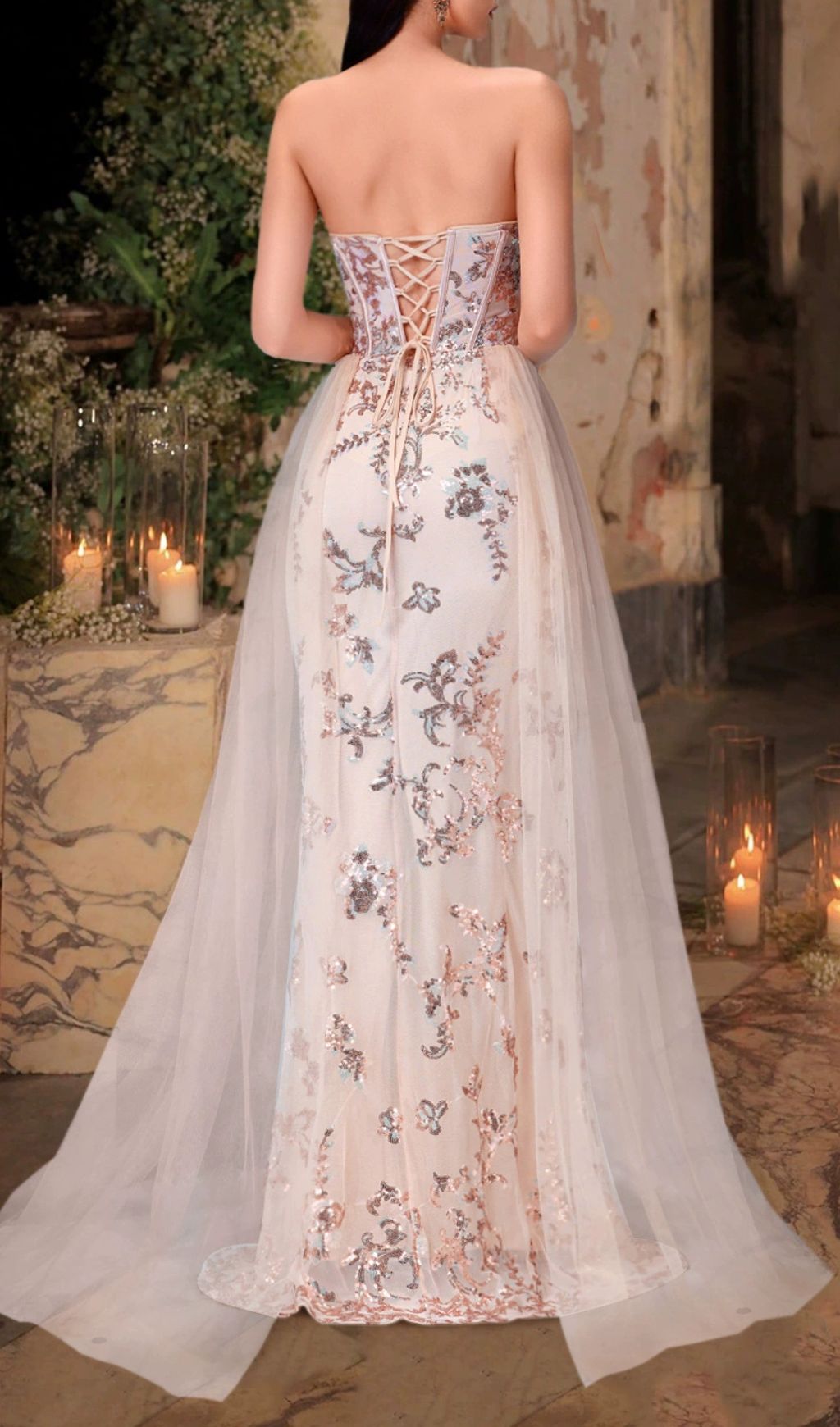 Kaily Srapless Corset Sequin Mesh Maxi Dress Flowering Girl
