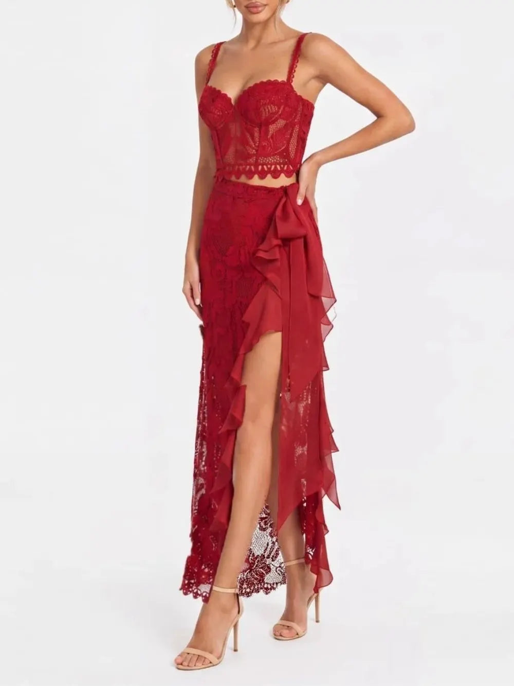 Quessar Spaghetti Ruffle Split Skirt Set Flowering Girl
