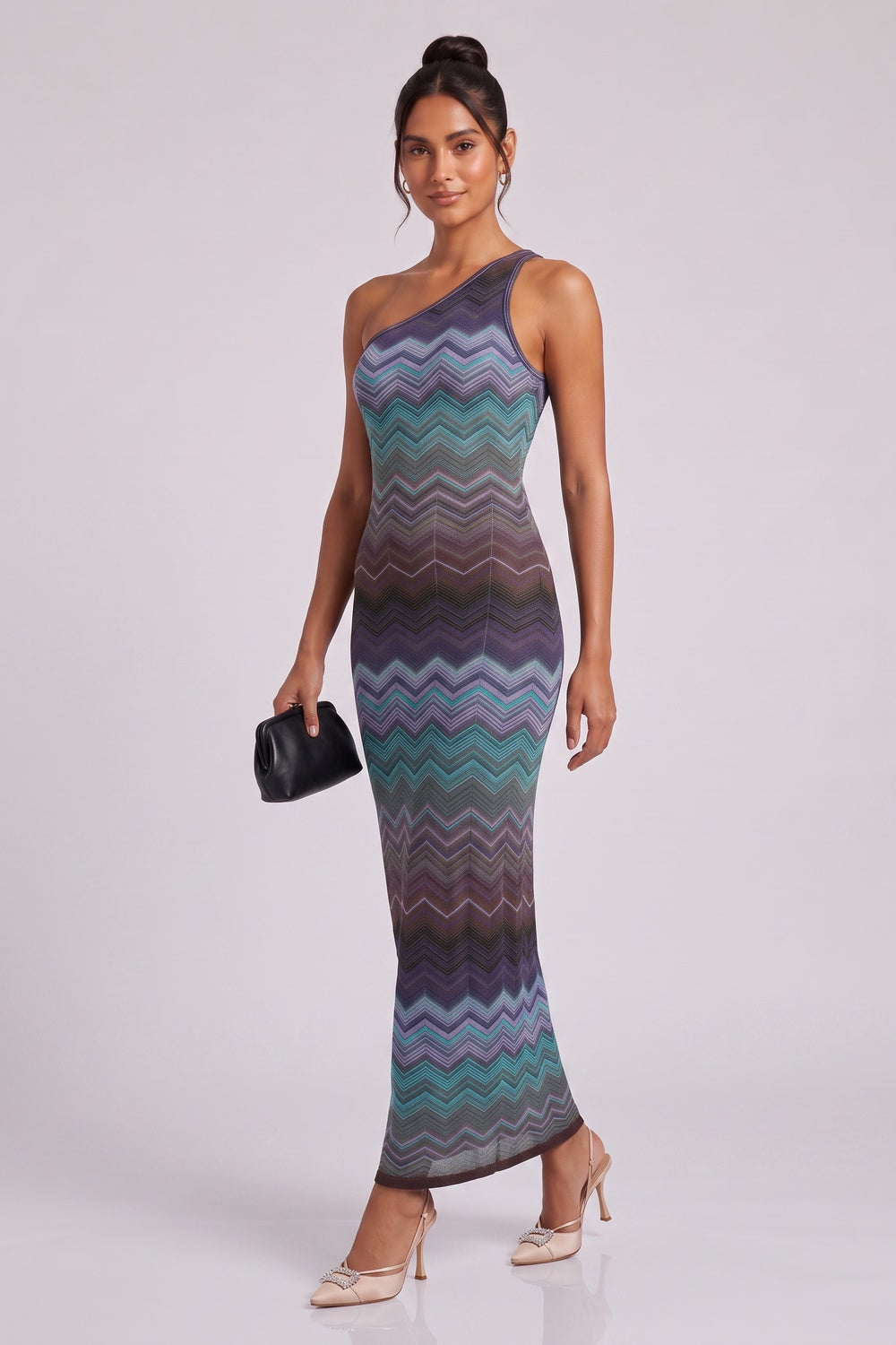 One-Shoulder Chevron Maxi Dress in Teal, Purple & Brown Flowering Girl
