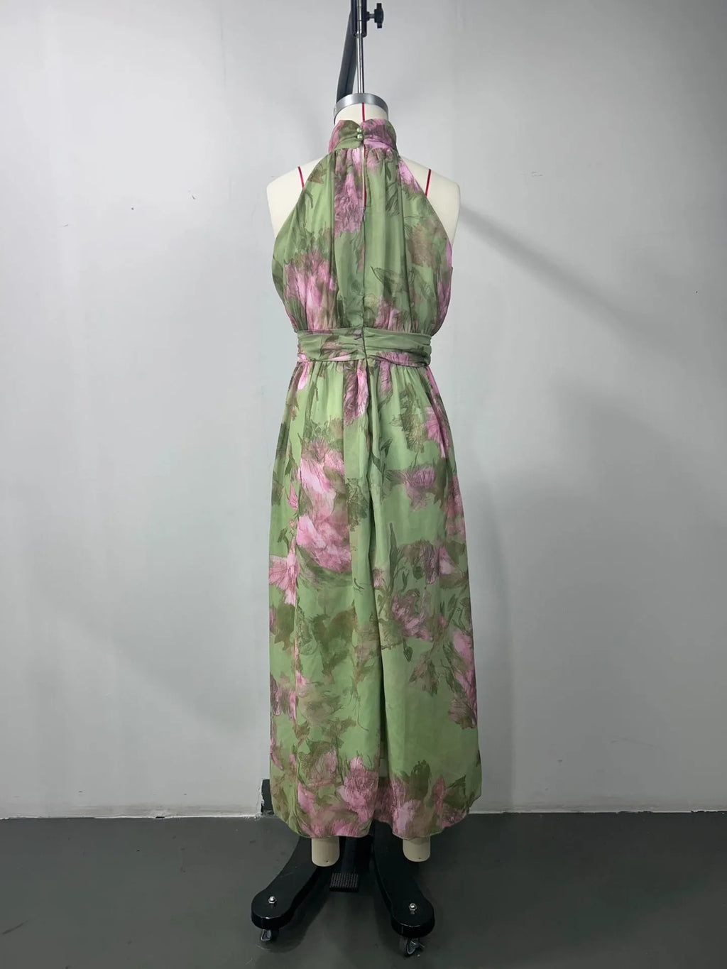 Polly Green Floral Chiffon Halter Maxi Dress Flowering Girl