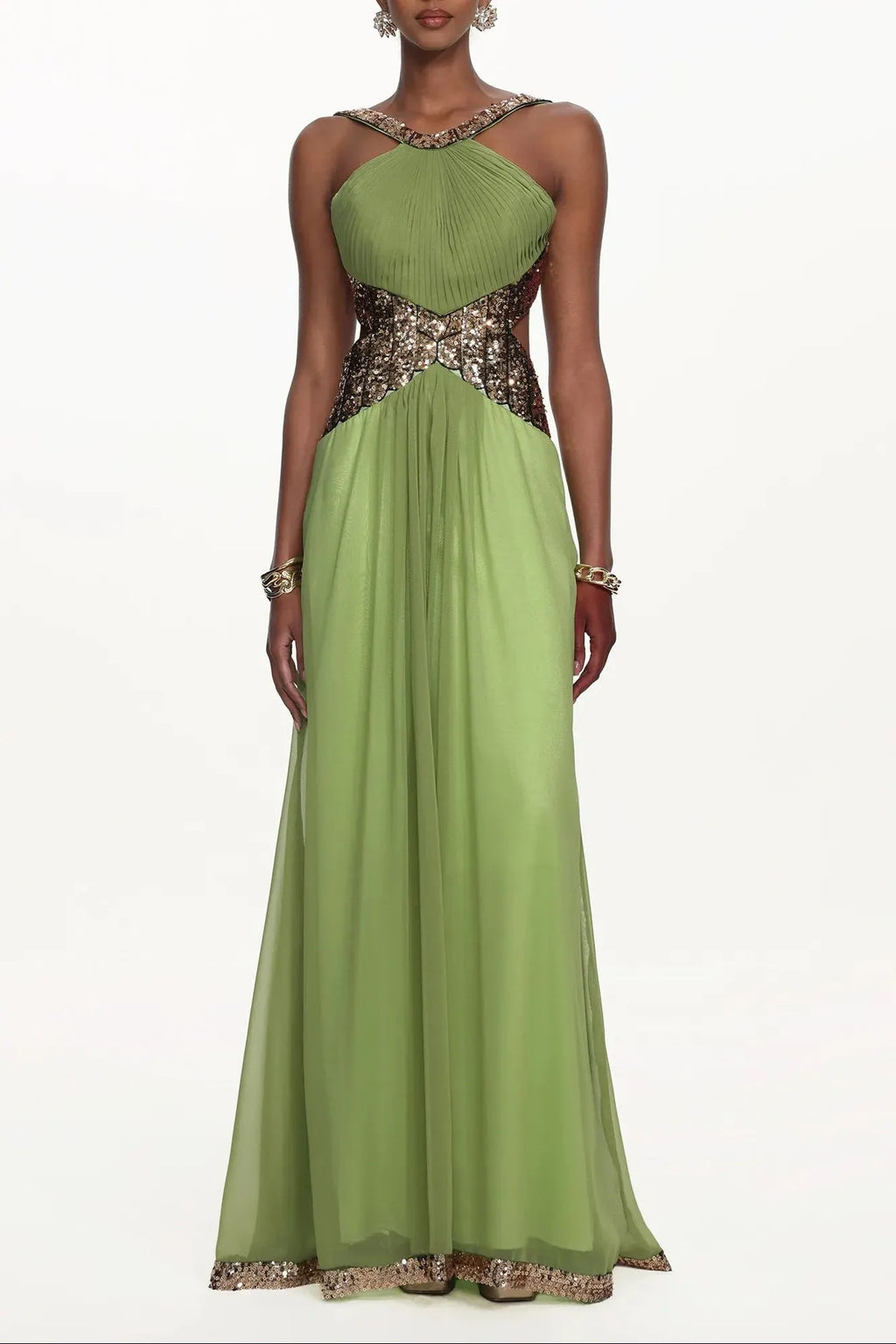 Virginia Green Halter Pleated Cut Out Sequin Maxi Dress Flowering Girl