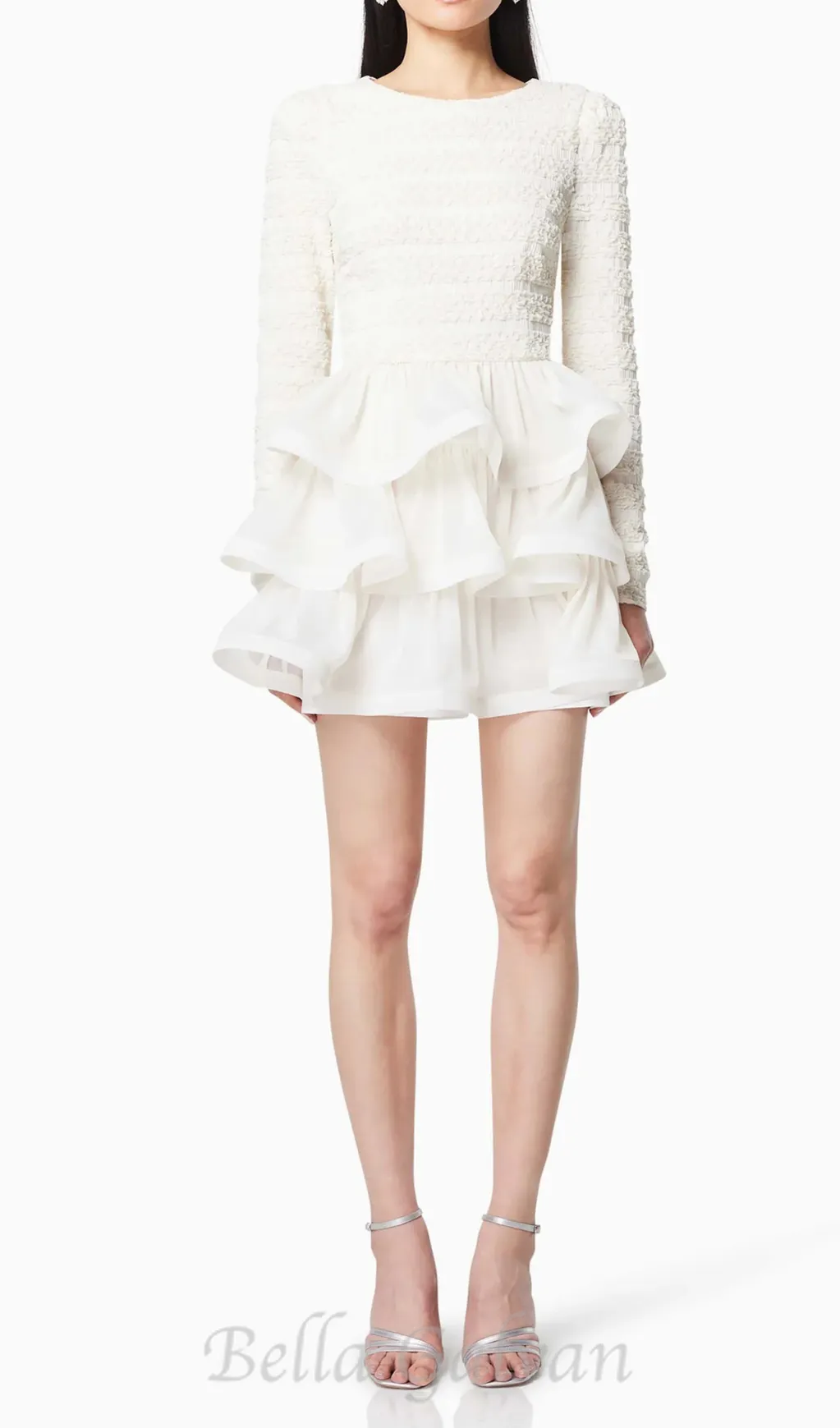 Ruffle trim Long Sleeved Mini Dress in white Flowering Girl