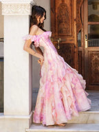 Helen Floral Frill Off-Shoulder Maxi Dress In Pink Flowering Girl