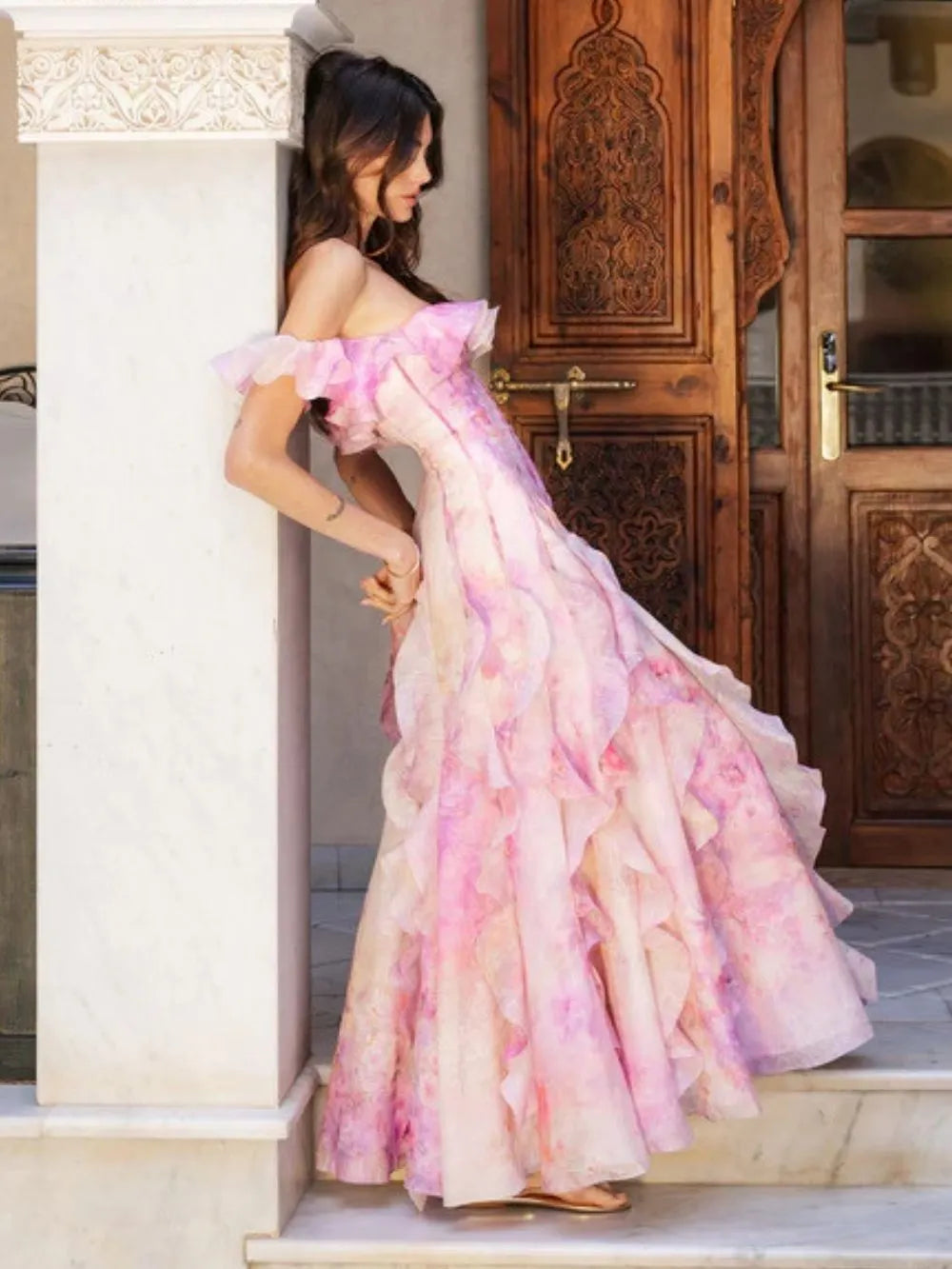 Helen Floral Frill Off-Shoulder Maxi Dress In Pink Flowering Girl