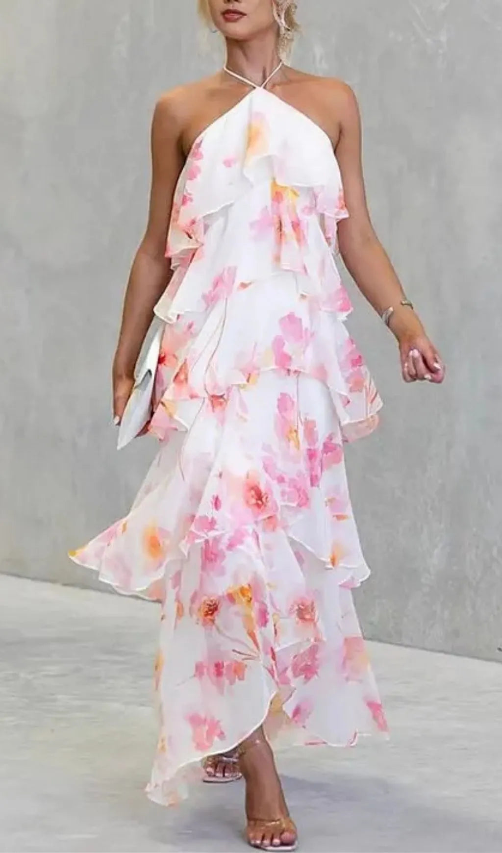 Floral Ruffle Halter Neck Midi Dress - Pink Flowering Girl