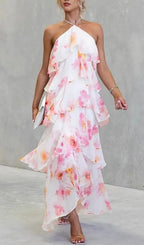 Floral Ruffle Halter Neck Midi Dress - Pink Flowering Girl