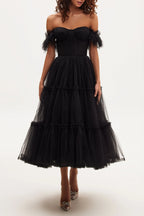 Black Ruffled Tulle Midi Dress Flowering Girl