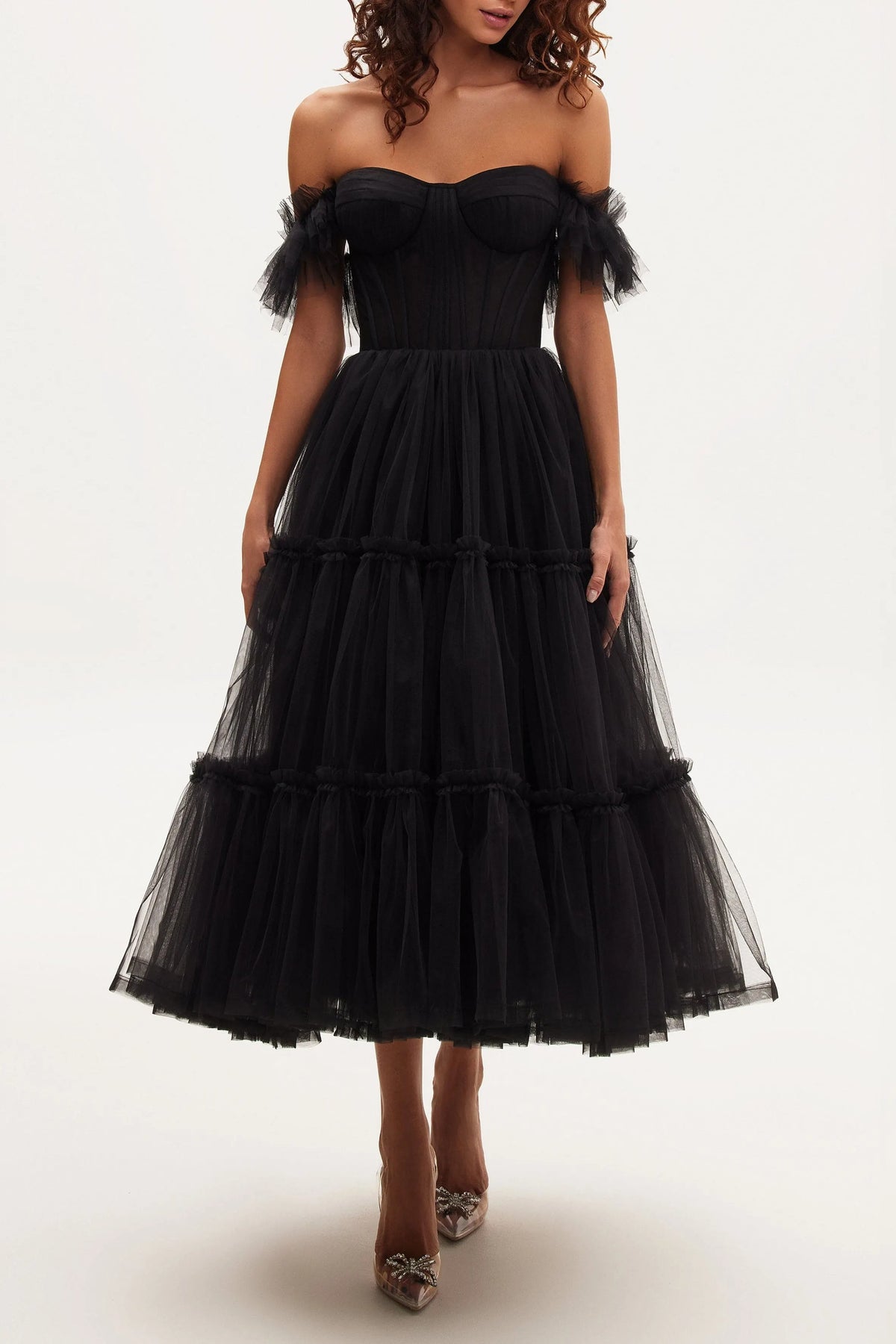 Black Ruffled Tulle Midi Dress Flowering Girl