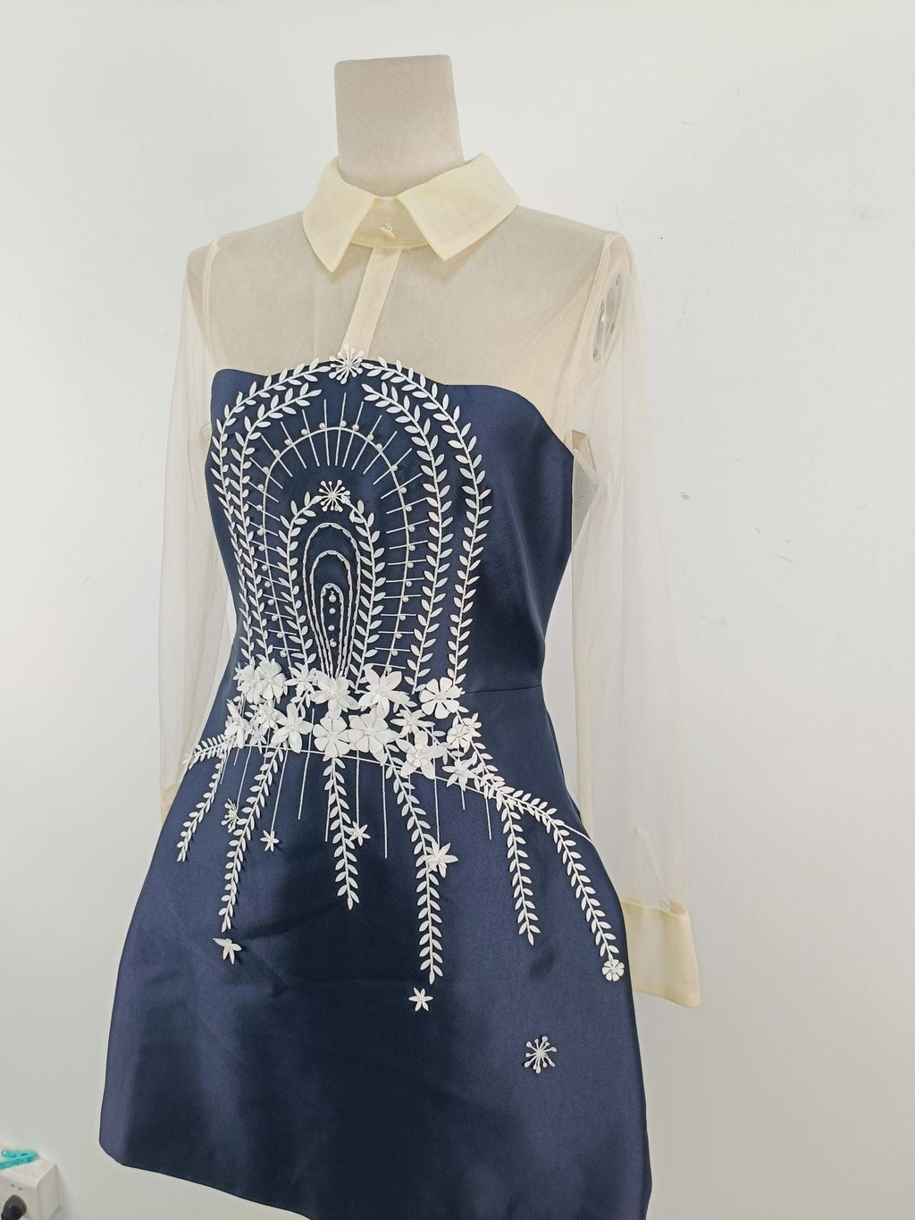 Embroidered Flower Lapel Tulle Mini Dress In Dark Blue Flowering Girl