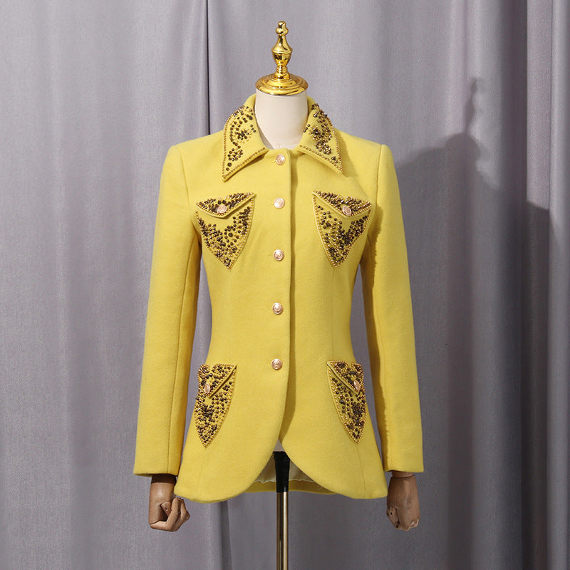 Anila Studded Wool Fitted Single-Breasted Blazer In Yellow Flowering Girl
