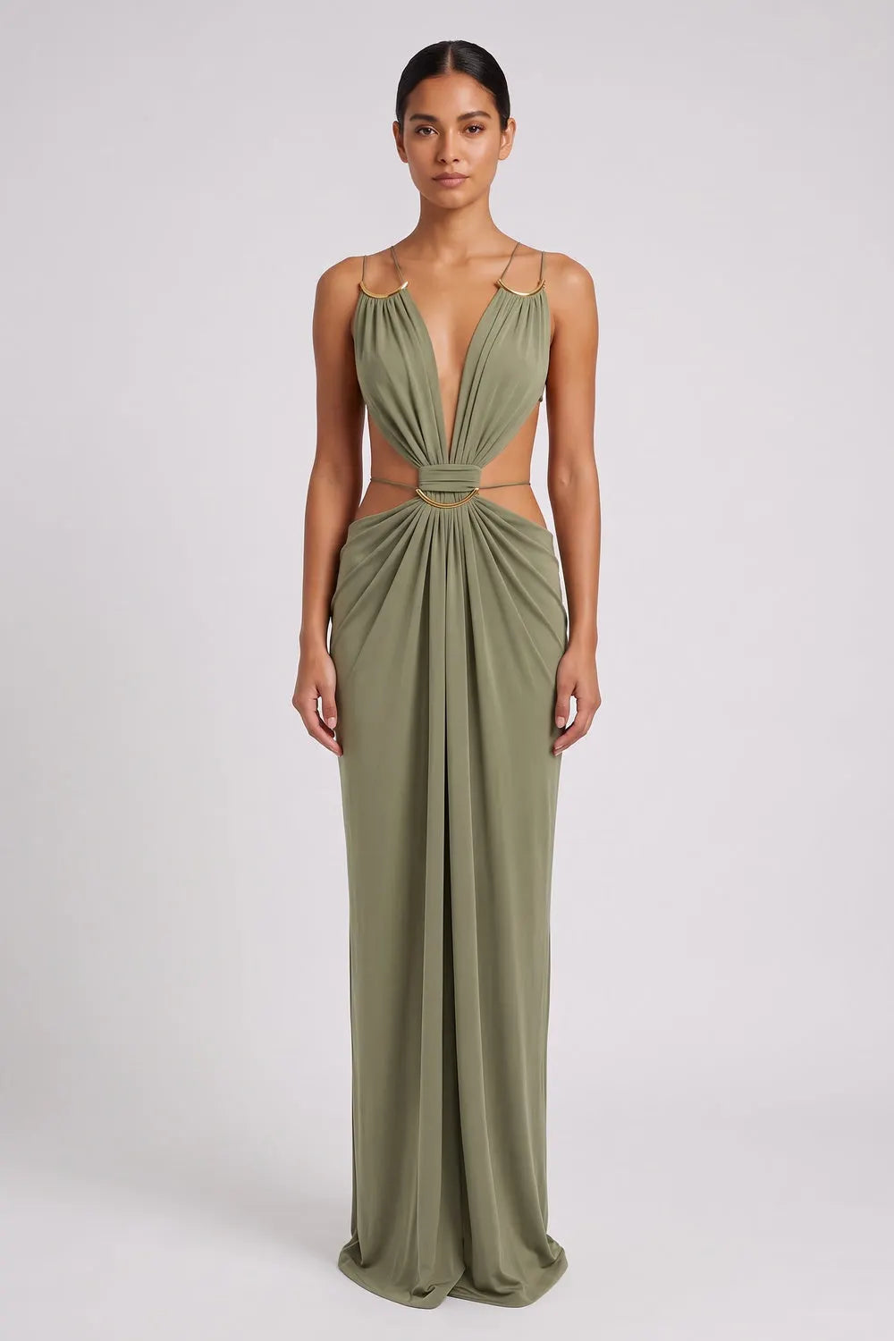 Olive Green Jersey Column With Waist Cutouts Dress Flowering Girl