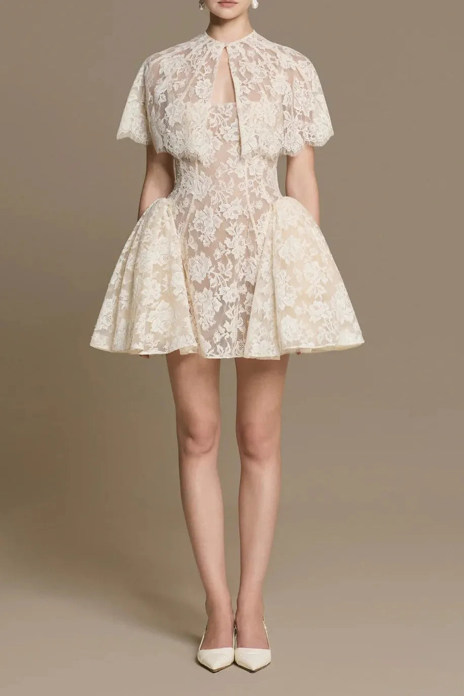 White Lace Cape-Sleeve Mini Dress Flowering Girl