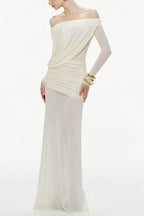 Cara Off-Shoulder Long Sleeve Pleated Mesh Maxi Dress In White Flowering Girl