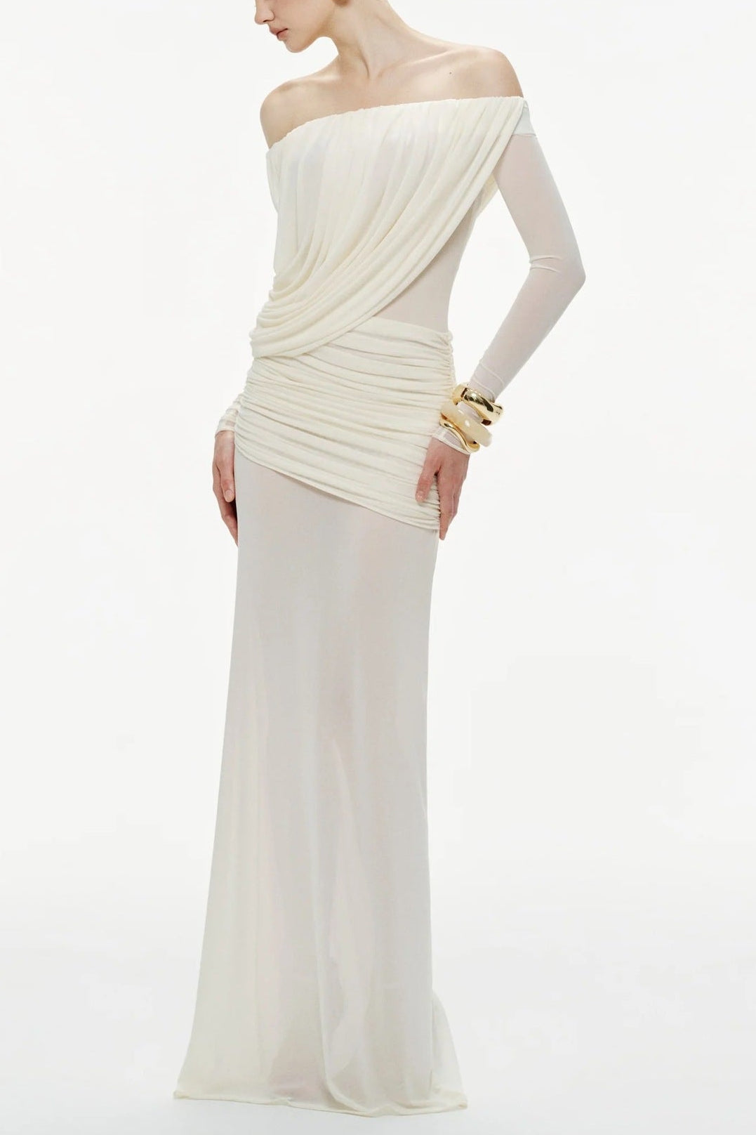 Cara Off-Shoulder Long Sleeve Pleated Mesh Maxi Dress In White Flowering Girl