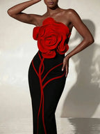 Caldren Strapless Flower Bandage Midi Dress In Black Flowering Girl