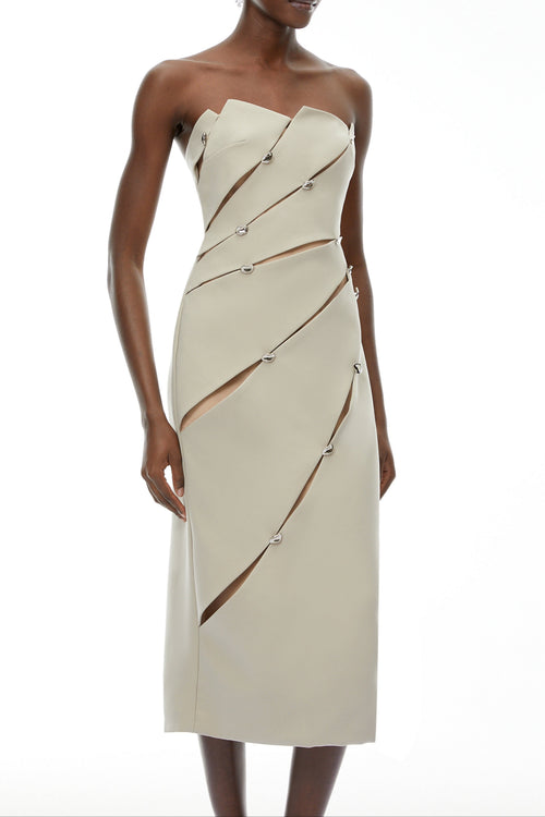 Angela Asymmetrical Off Shoulder Midi Dress In Khaki Flowering Girl