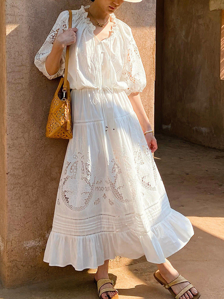 White Eyelet Lace Tiered Maxi Dress With Puff Sleeves Flowering Girl