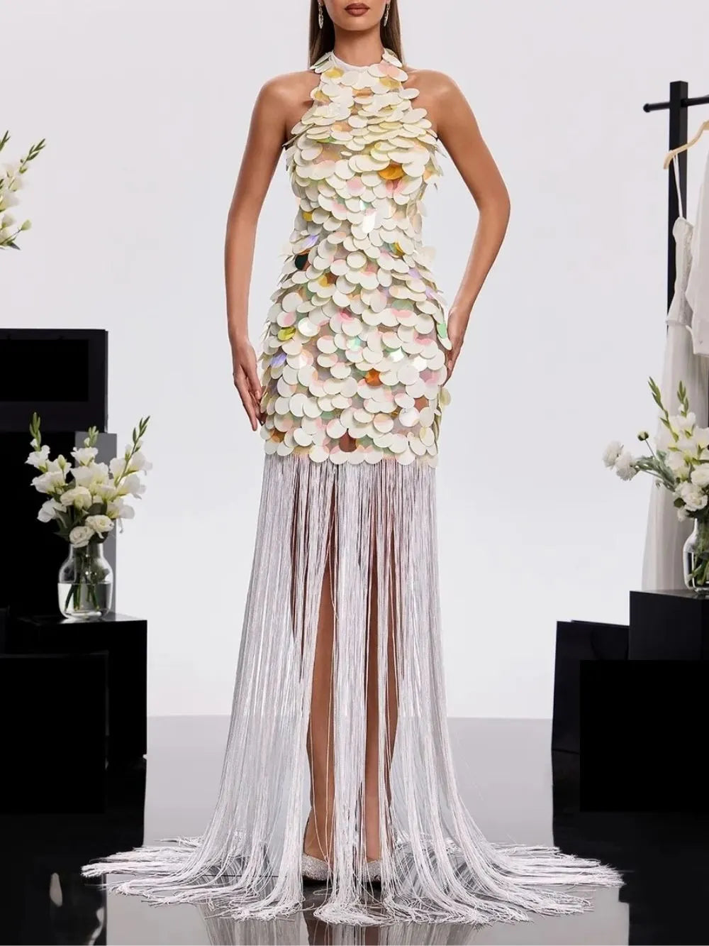 Aurdex Backless Fringe Sequin Maxi Dress Flowering Girl