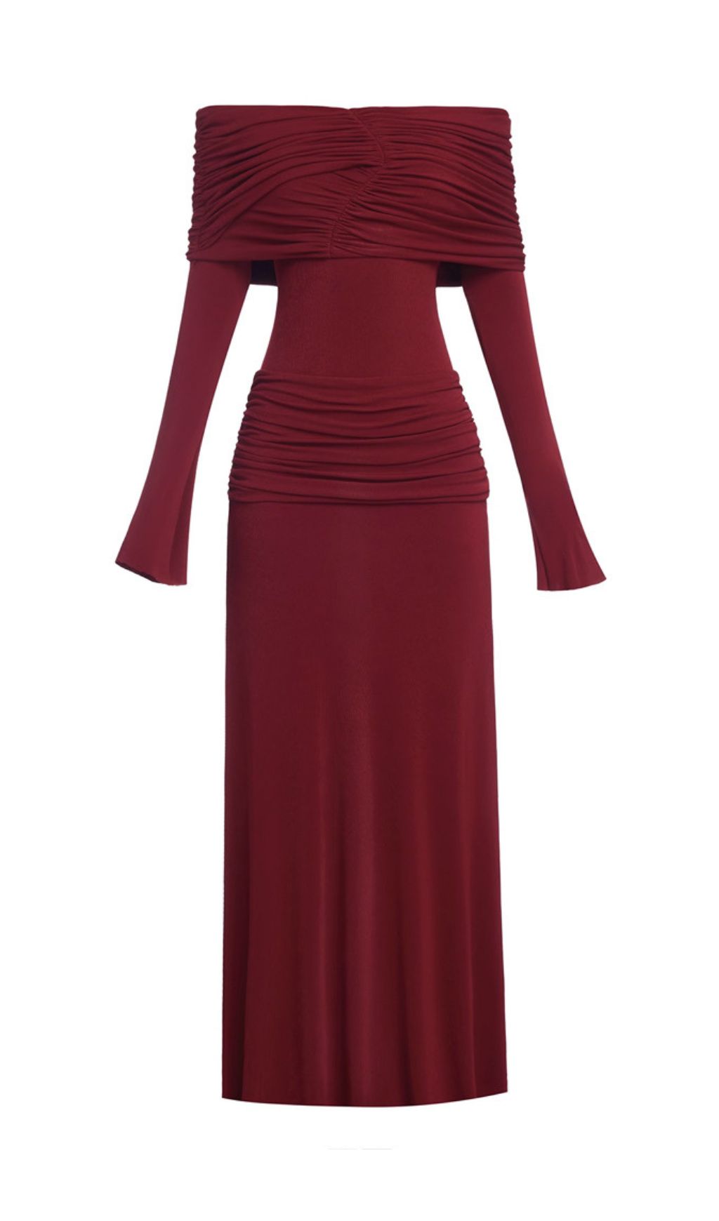 Gala Wine Off-Shoulder Ruched Long Sleeve Maxi Dress Flowering Girl