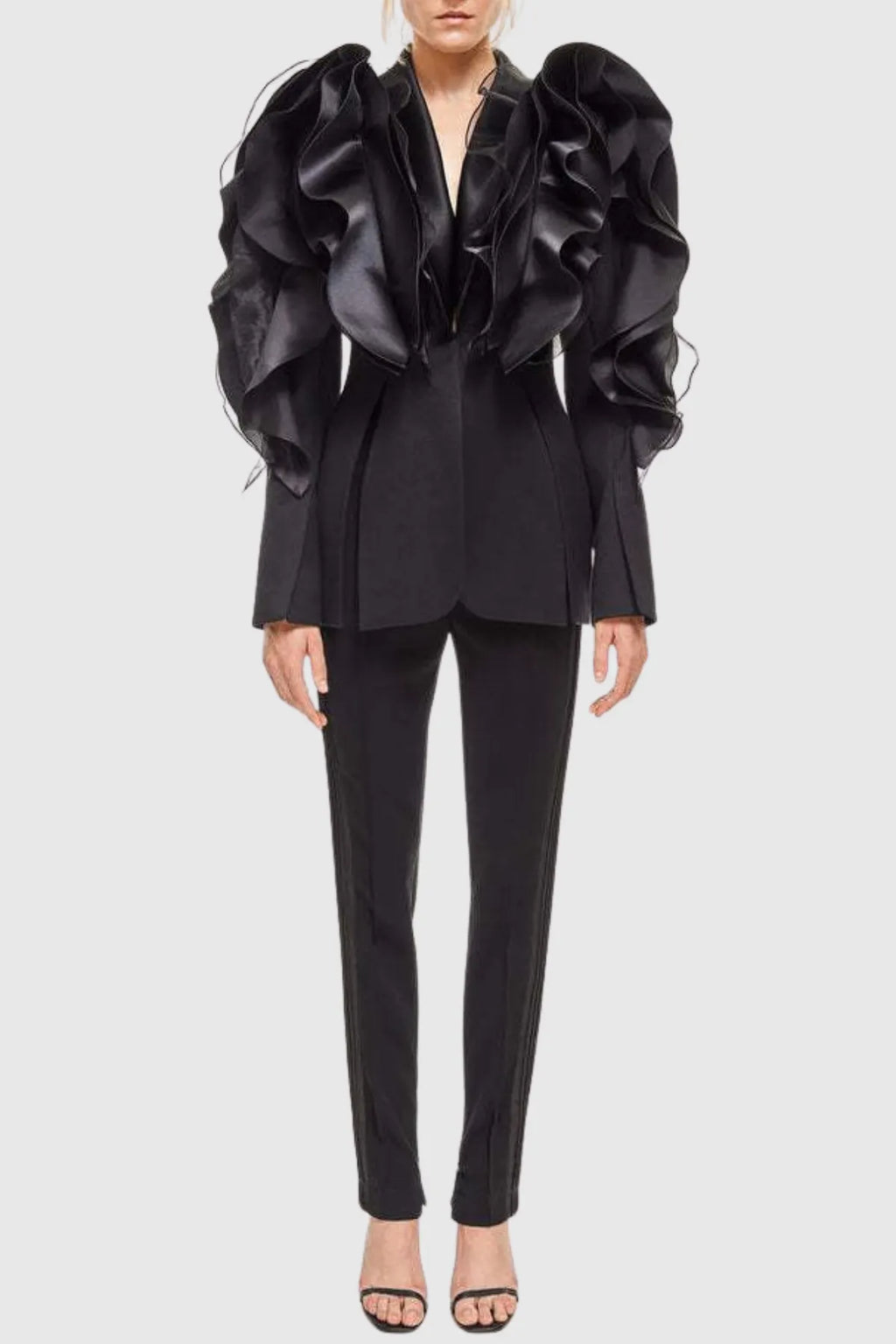 Ashley Ruffle Embellished Blazer In Black Flowering Girl