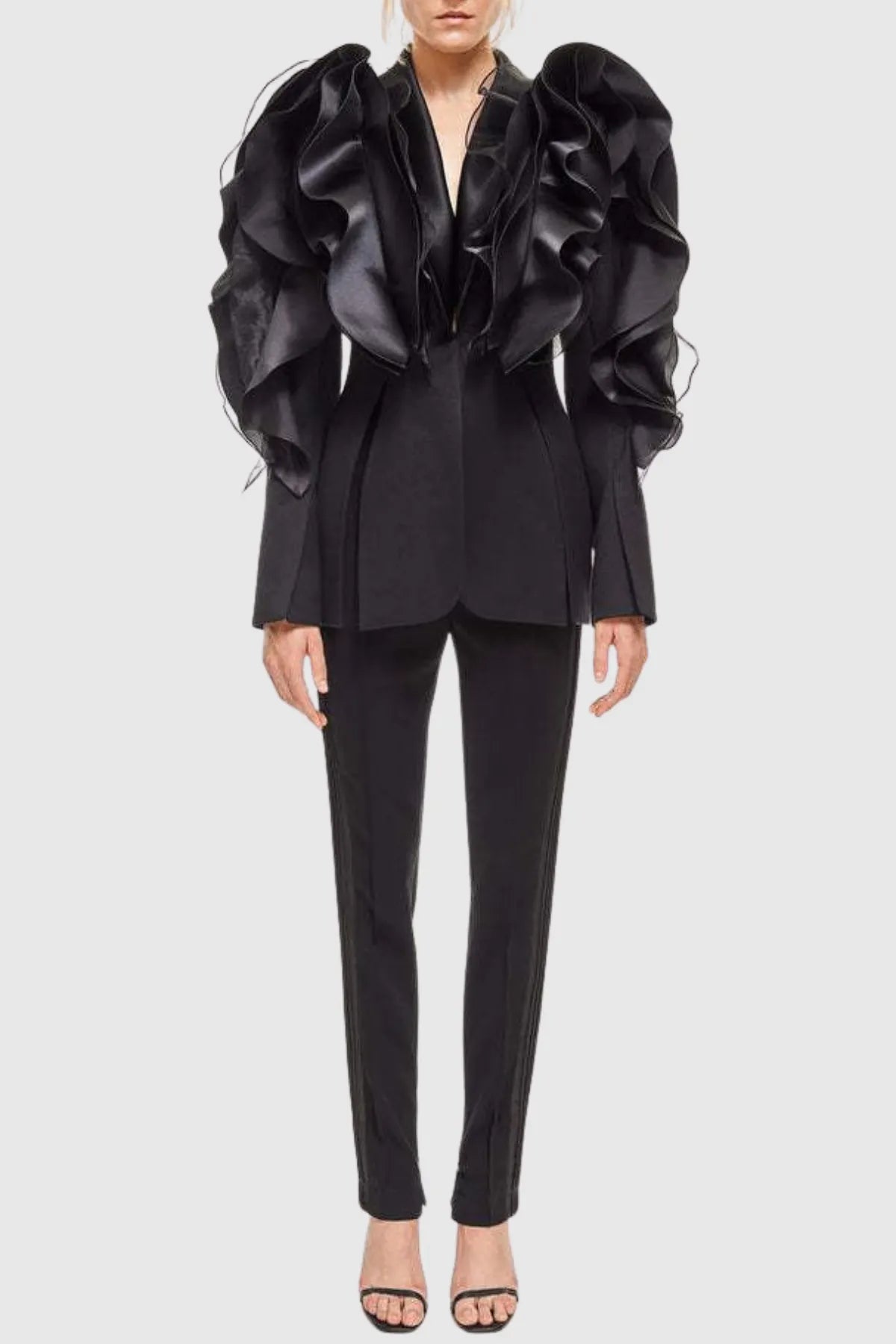 Ashley Ruffle Embellished Blazer In Black Flowering Girl