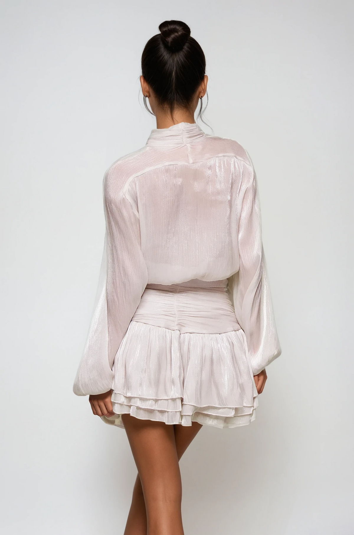 Bayleigh Lace Up Ruch Mesh Skirt Set In Sliver Flowering Girl