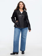 Lapel Collar Asymmetric Zipper Pocket Biker Jacket Flowering Girl