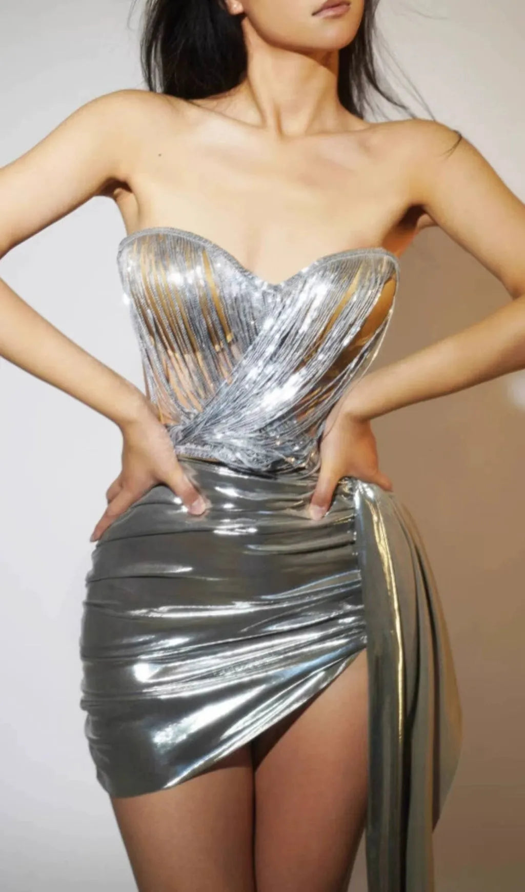 Haylia Silver Strapless Corset Sequin Two-Piece Set Flowering Girl