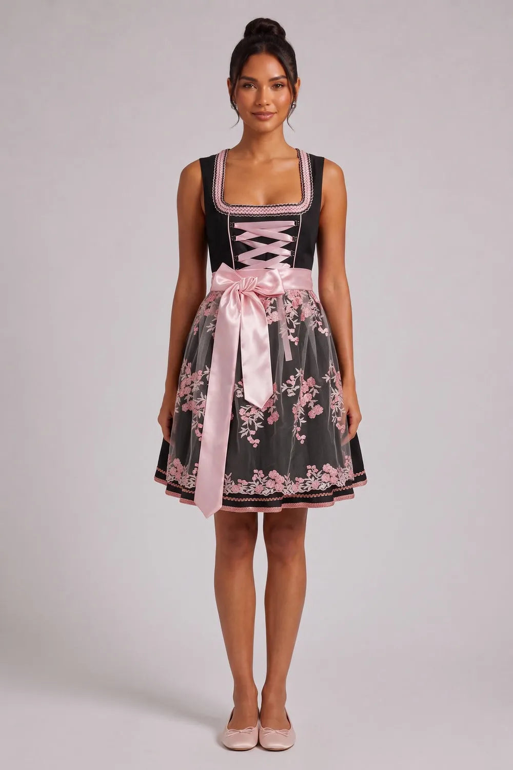 Black Matte Woven Polyester-Cotton Blend Fit-And-Flare Dirndl Dress Flowering Girl