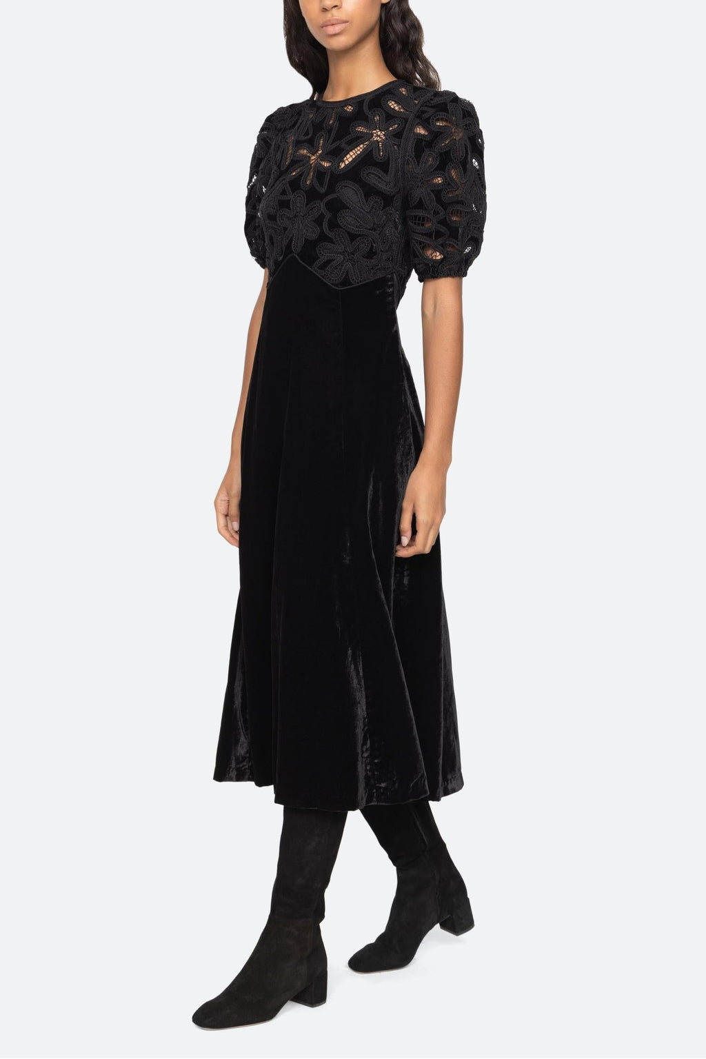 Velvet Puff Sleeve Embroidered Midi Dress In Black Flowering Girl