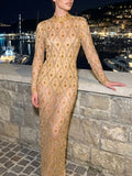 Long Sleeve Embellished Sequin Mesh Maxi Dress Yellow Flowering Girl