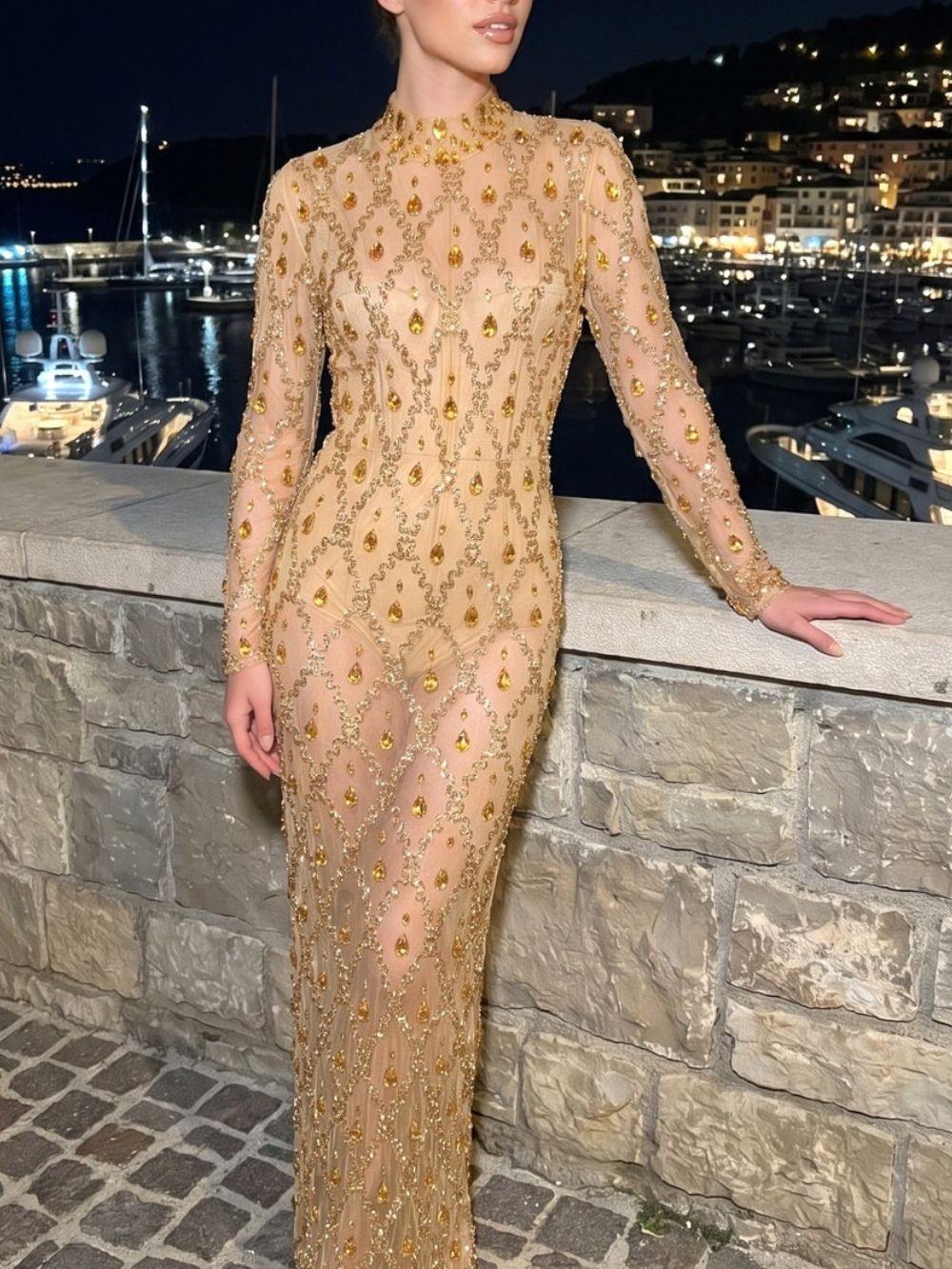 Long Sleeve Embellished Sequin Mesh Maxi Dress Yellow Flowering Girl