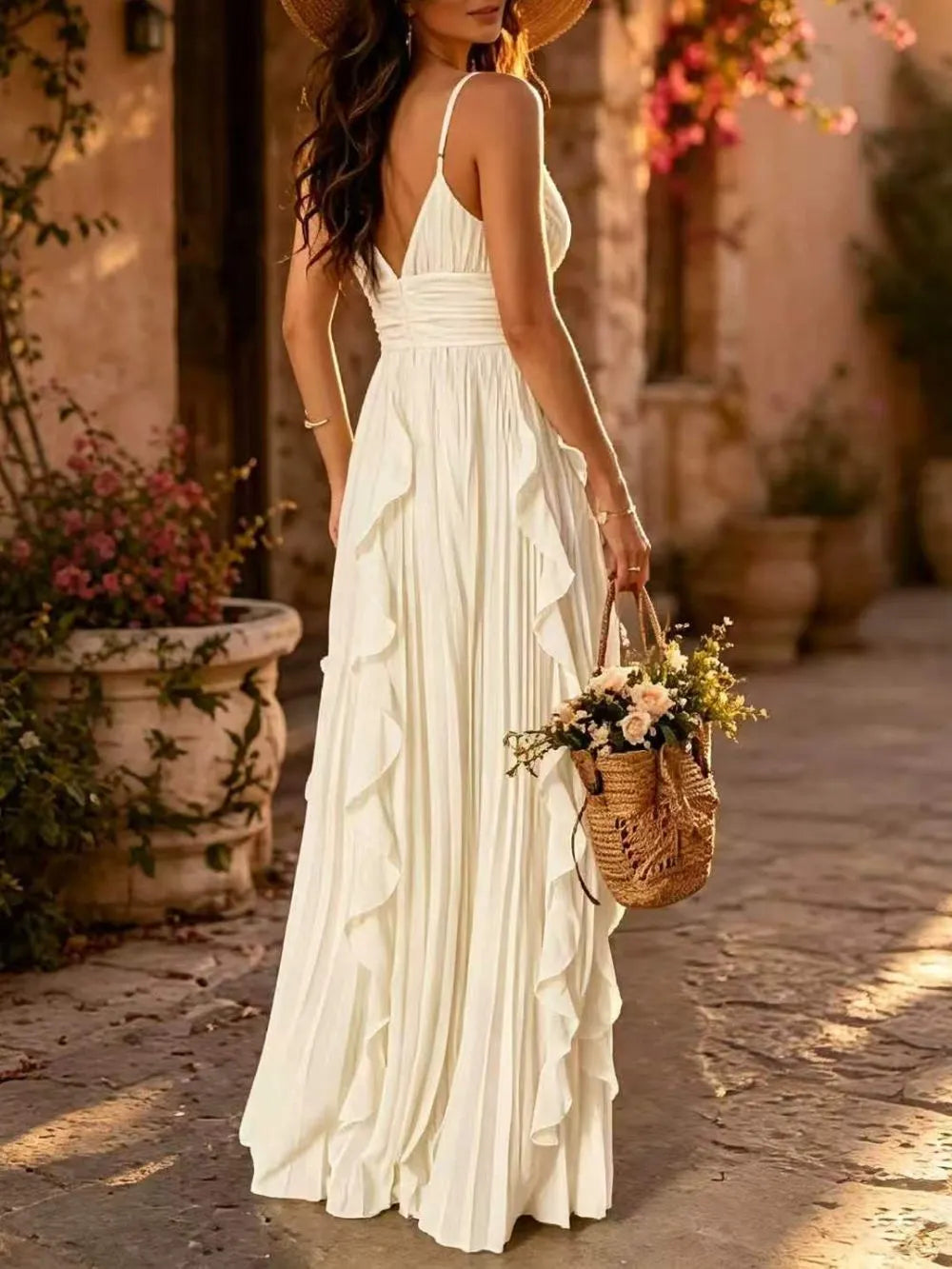 Marvene Spaghetti V-Neck Ruffle Pleated Maxi Dress Flowering Girl