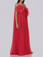 Grythalen Off Shoulder Flower Pleated Maxi Dress In Red Flowering Girl