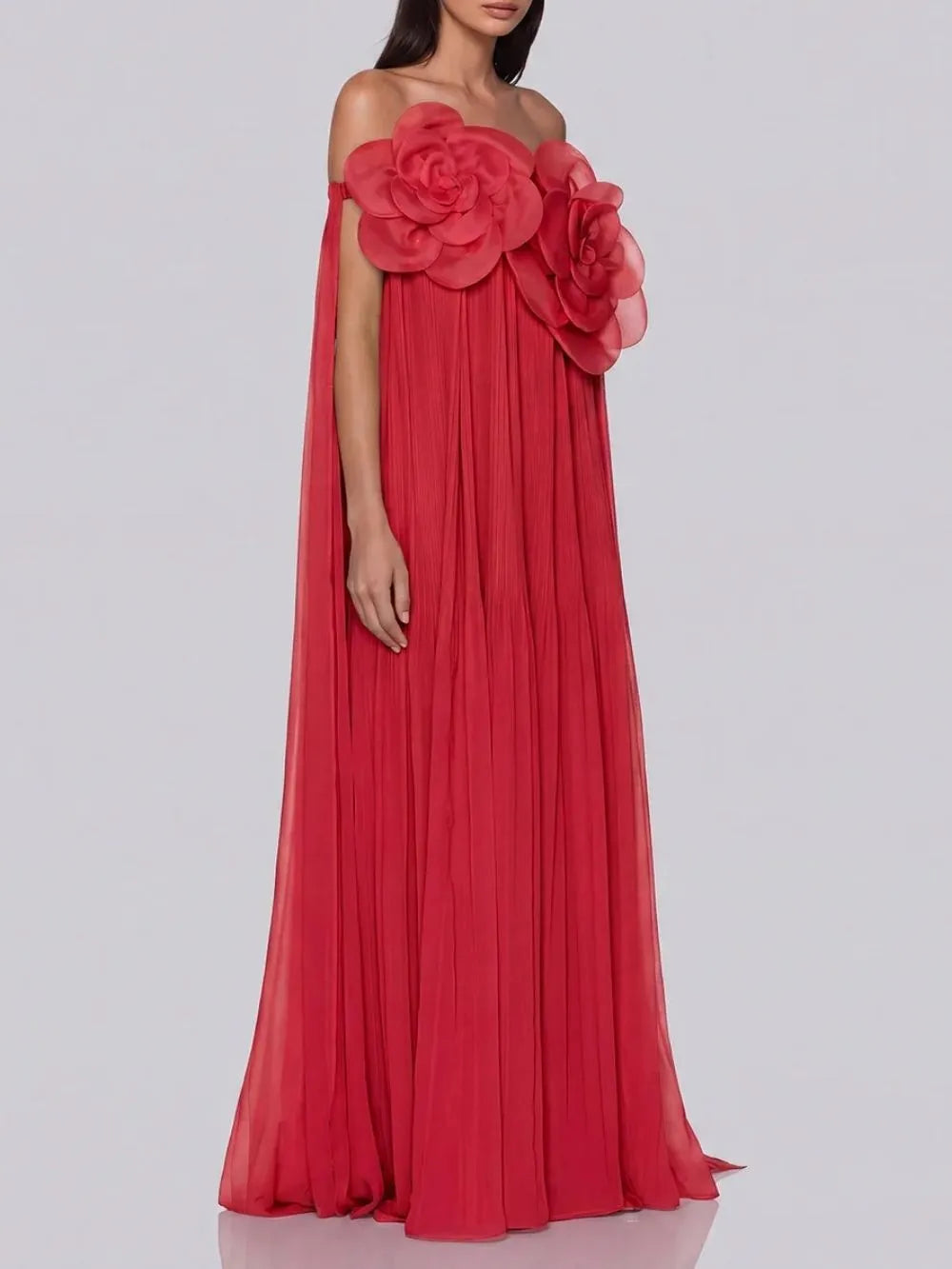 Grythalen Off Shoulder Flower Pleated Maxi Dress In Red Flowering Girl